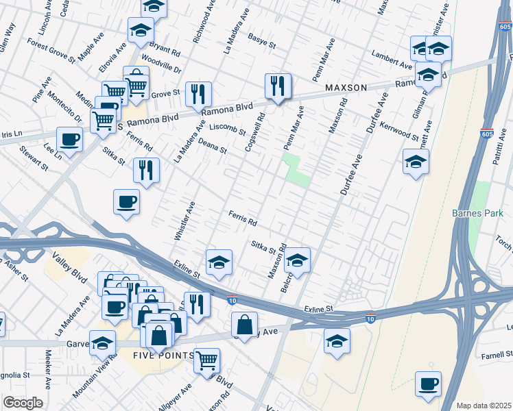 map of restaurants, bars, coffee shops, grocery stores, and more near 12043 Ferris Road in El Monte