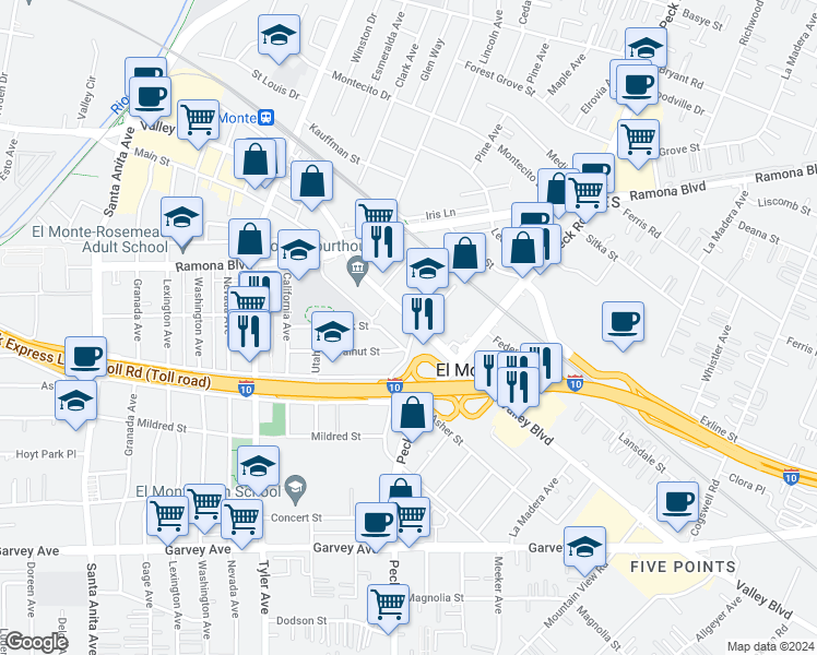 map of restaurants, bars, coffee shops, grocery stores, and more near in El Monte
