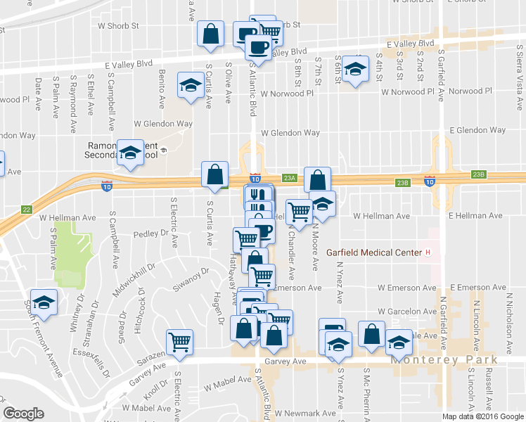 map of restaurants, bars, coffee shops, grocery stores, and more near in Alhambra