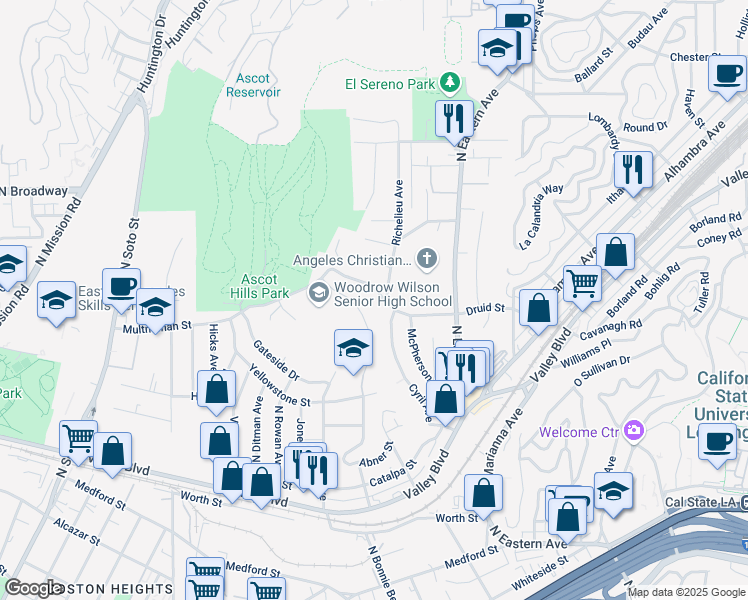 map of restaurants, bars, coffee shops, grocery stores, and more near 4706 Druid Street in Los Angeles