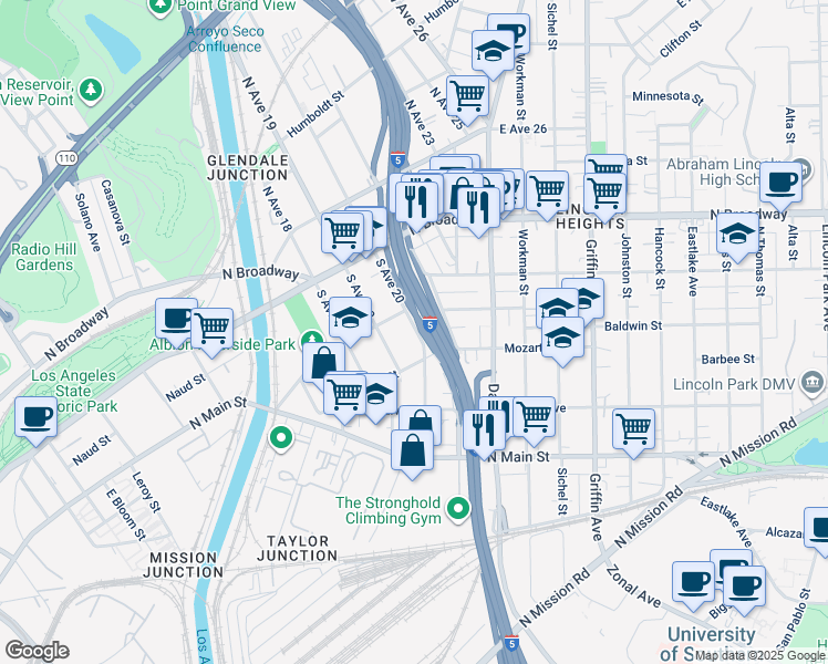 map of restaurants, bars, coffee shops, grocery stores, and more near 349 South Avenue 20 in Los Angeles