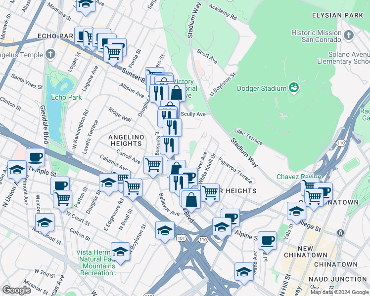 map of restaurants, bars, coffee shops, grocery stores, and more near 971 Everett Street in Los Angeles