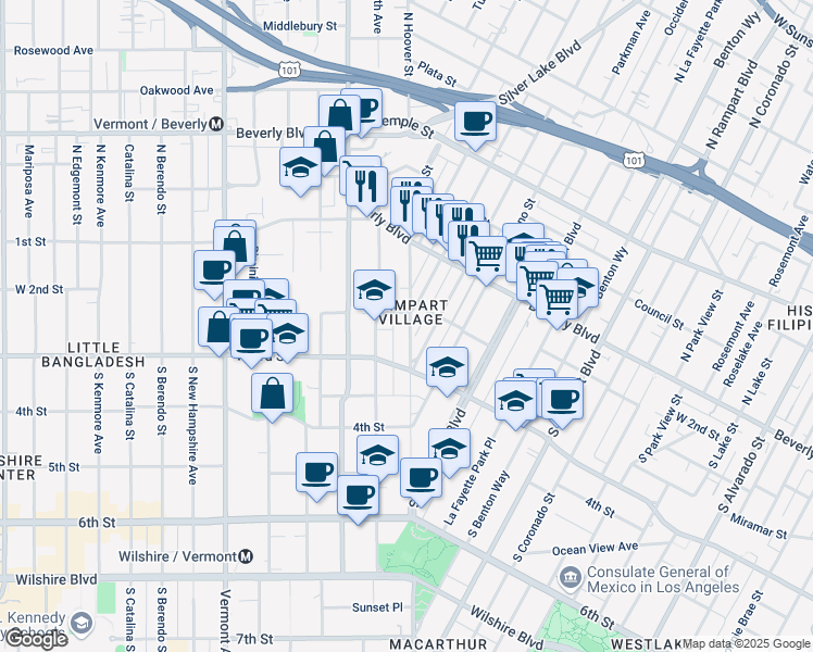map of restaurants, bars, coffee shops, grocery stores, and more near 231 South Vendome Street in Los Angeles