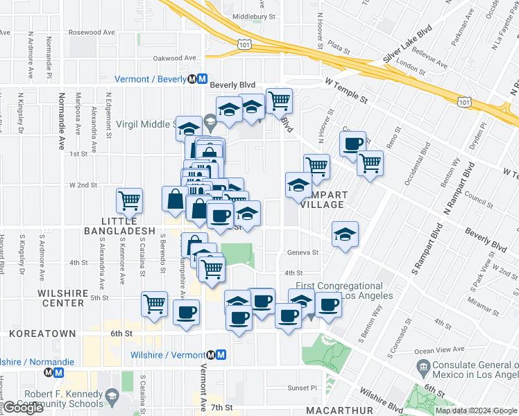 map of restaurants, bars, coffee shops, grocery stores, and more near 3311 West 3rd Street in Los Angeles