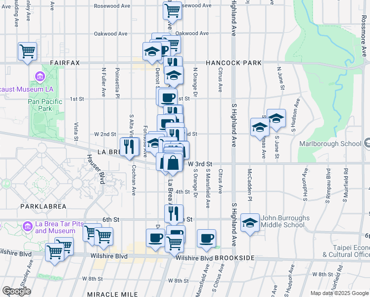 map of restaurants, bars, coffee shops, grocery stores, and more near 248 South Sycamore Avenue in Los Angeles