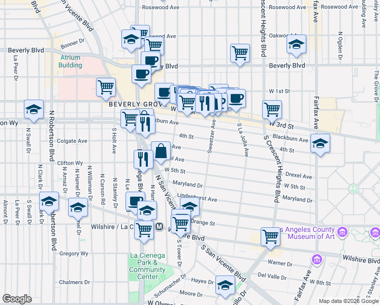 map of restaurants, bars, coffee shops, grocery stores, and more near 6657 Drexel Avenue in West Hollywood