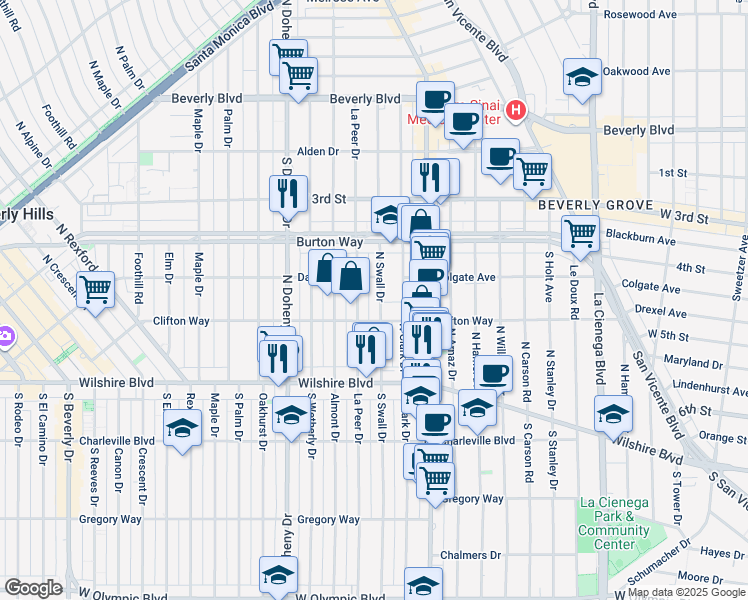 map of restaurants, bars, coffee shops, grocery stores, and more near 207 North Swall Drive in Beverly Hills