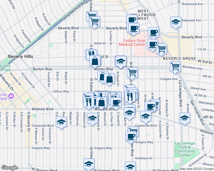map of restaurants, bars, coffee shops, grocery stores, and more near 231 North La Peer Drive in Beverly Hills