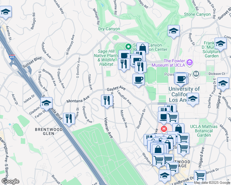 map of restaurants, bars, coffee shops, grocery stores, and more near 430 Kelton Avenue in Los Angeles