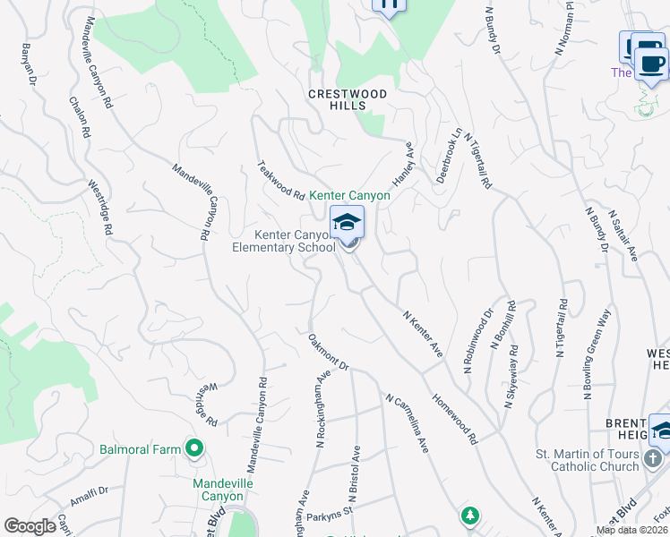 map of restaurants, bars, coffee shops, grocery stores, and more near 615 Elkins Road in Los Angeles