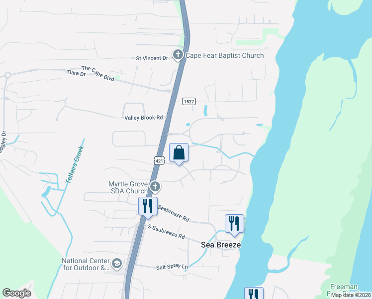 map of restaurants, bars, coffee shops, grocery stores, and more near 7202 Scallop Lane in Wilmington