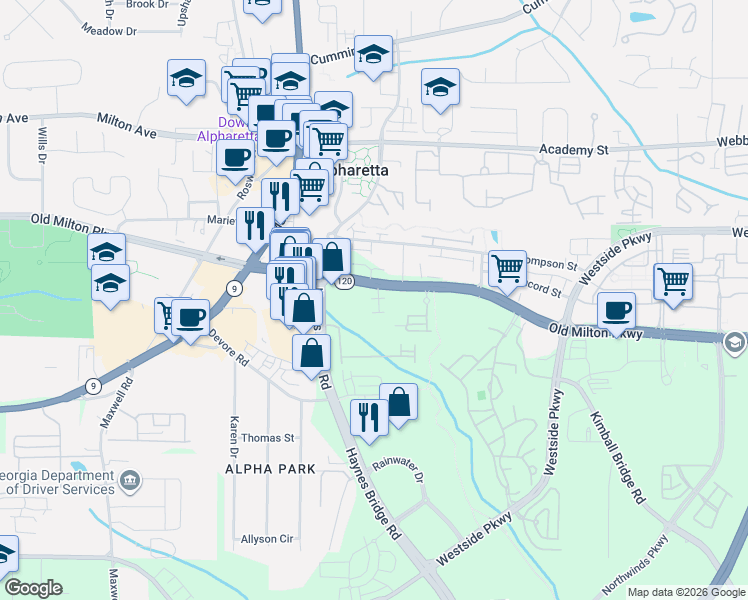map of restaurants, bars, coffee shops, grocery stores, and more near 2325 Old Milton Parkway in Alpharetta