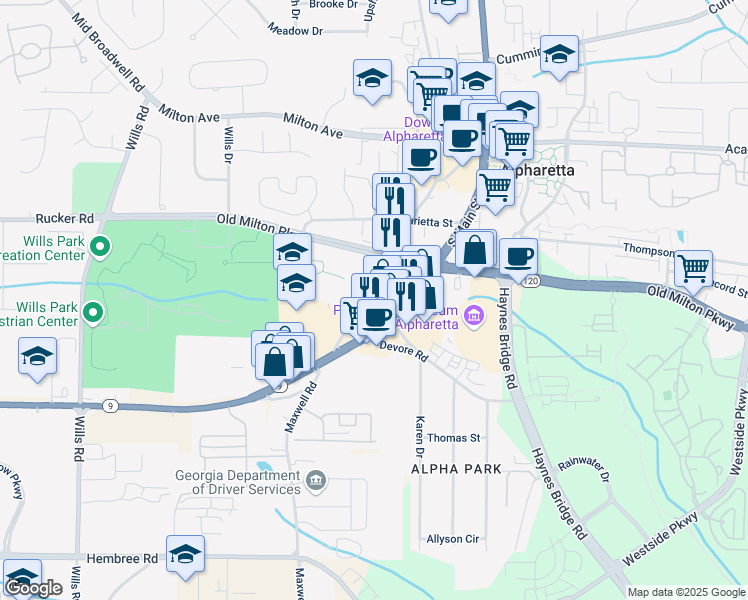 map of restaurants, bars, coffee shops, grocery stores, and more near 405 Mayfair Court in Alpharetta