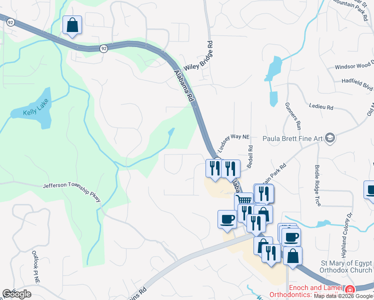 map of restaurants, bars, coffee shops, grocery stores, and more near 4129 Inola Trail Northeast in Roswell