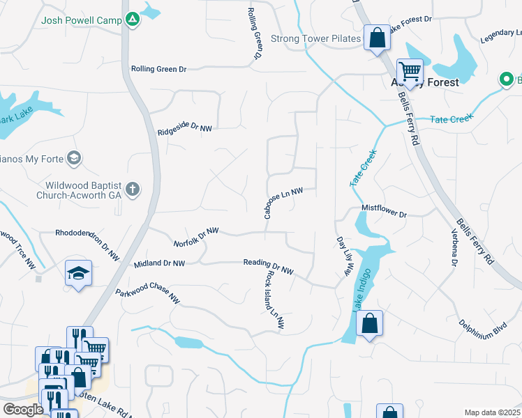 map of restaurants, bars, coffee shops, grocery stores, and more near 4831 Caboose Lane Northwest in Acworth