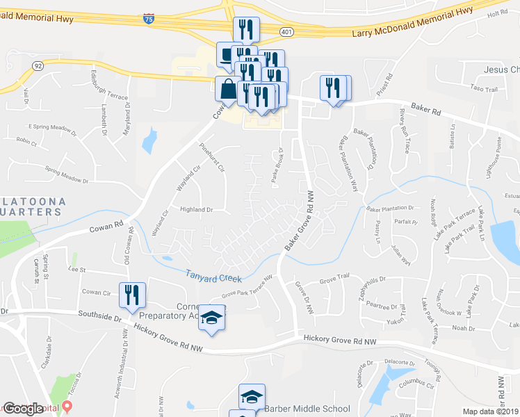 map of restaurants, bars, coffee shops, grocery stores, and more near 786 Windcroft Circle Northwest in Acworth