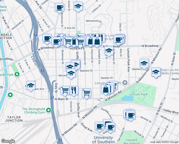map of restaurants, bars, coffee shops, grocery stores, and more near 3020 Baldwin Street in Los Angeles