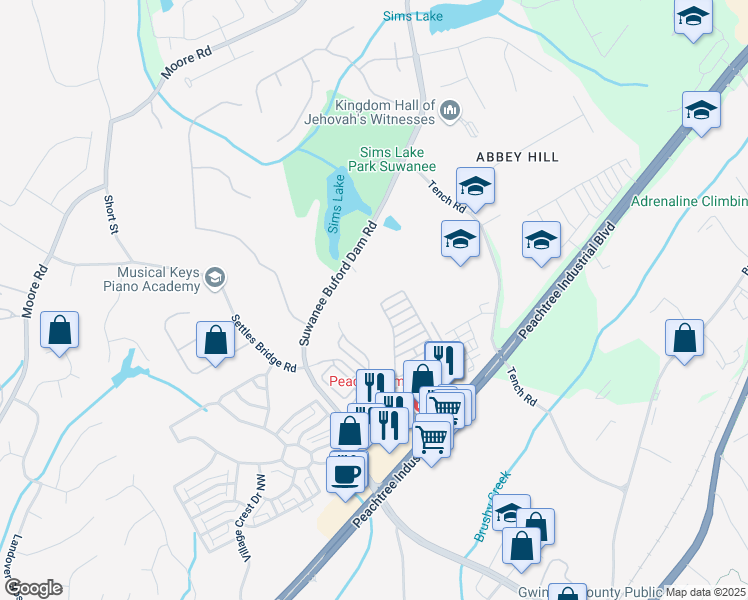 map of restaurants, bars, coffee shops, grocery stores, and more near 3930 Baverton Drive in Suwanee
