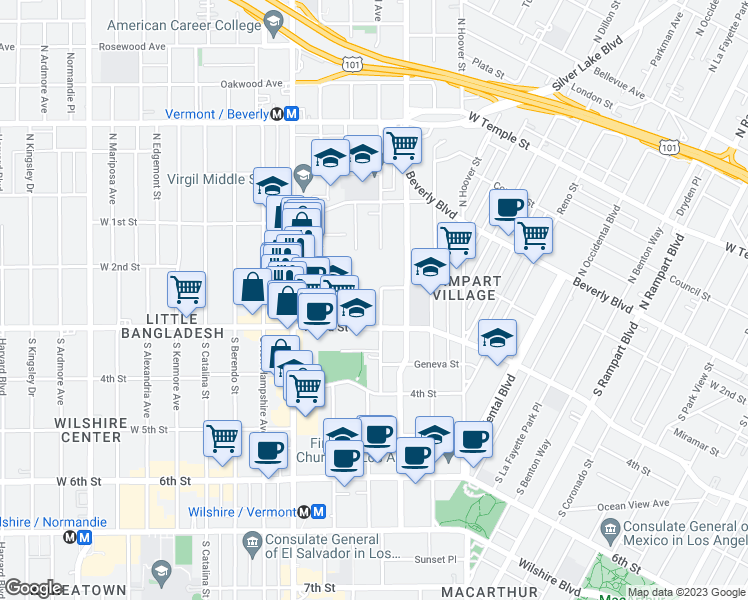 map of restaurants, bars, coffee shops, grocery stores, and more near 3311 West 3rd Street in Los Angeles