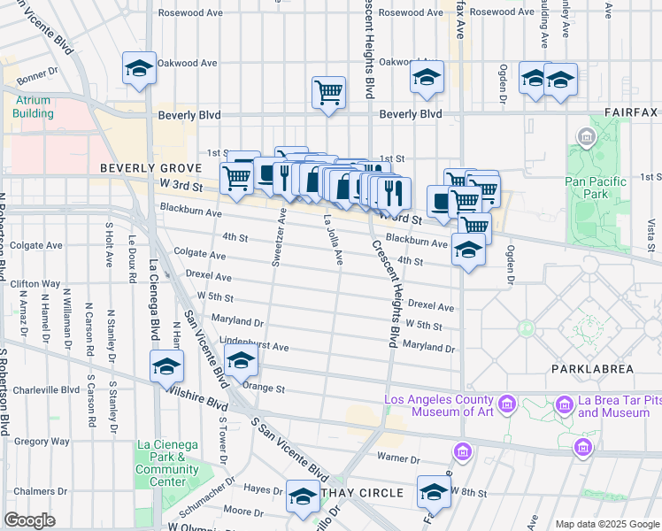 map of restaurants, bars, coffee shops, grocery stores, and more near 6509 Colgate Avenue in Los Angeles