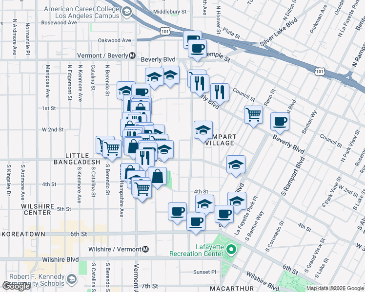 map of restaurants, bars, coffee shops, grocery stores, and more near 208 Westmoreland Avenue in Los Angeles