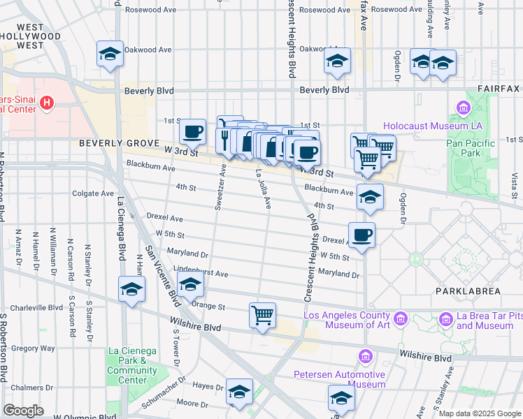 map of restaurants, bars, coffee shops, grocery stores, and more near 6509 Colgate Avenue in Los Angeles