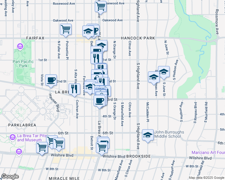 map of restaurants, bars, coffee shops, grocery stores, and more near 235 South Orange Drive in Los Angeles