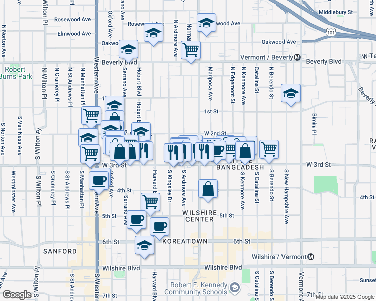 map of restaurants, bars, coffee shops, grocery stores, and more near 238 South Ardmore Avenue in Los Angeles