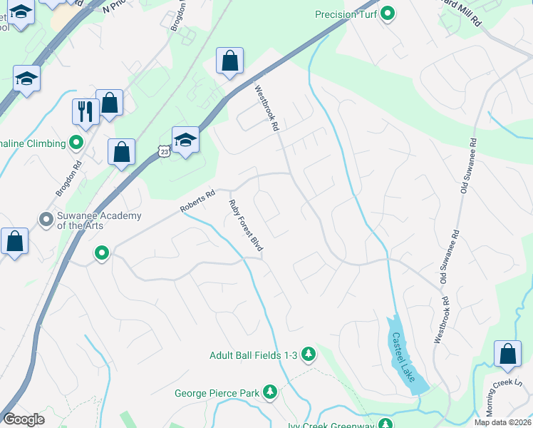 map of restaurants, bars, coffee shops, grocery stores, and more near 4015 Roberts Crest Drive in Suwanee