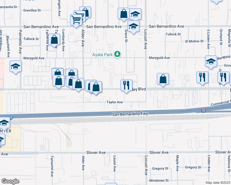 map of restaurants, bars, coffee shops, grocery stores, and more near 17903 Valley Boulevard in Bloomington