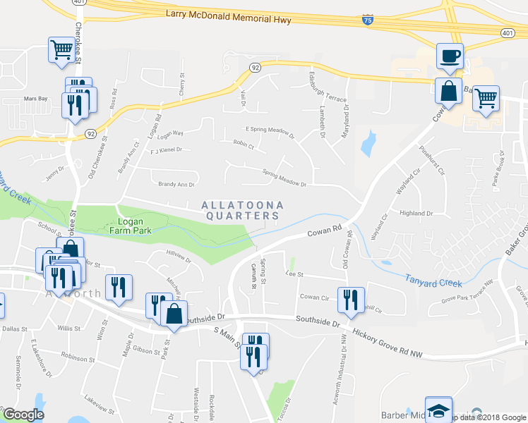 map of restaurants, bars, coffee shops, grocery stores, and more near 3970 Terrace Drive in Acworth