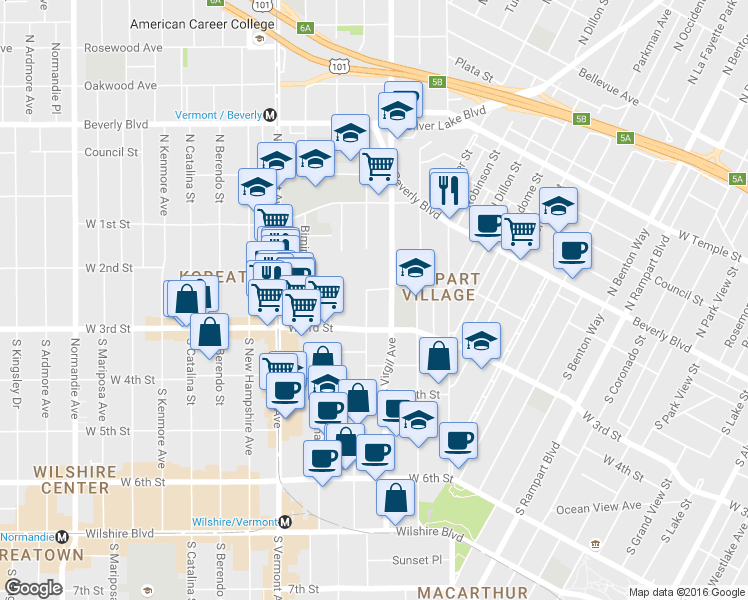 map of restaurants, bars, coffee shops, grocery stores, and more near 208 Westmoreland Avenue in Los Angeles