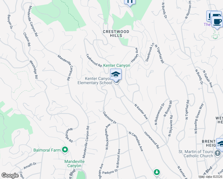 map of restaurants, bars, coffee shops, grocery stores, and more near 615 Elkins Road in Los Angeles