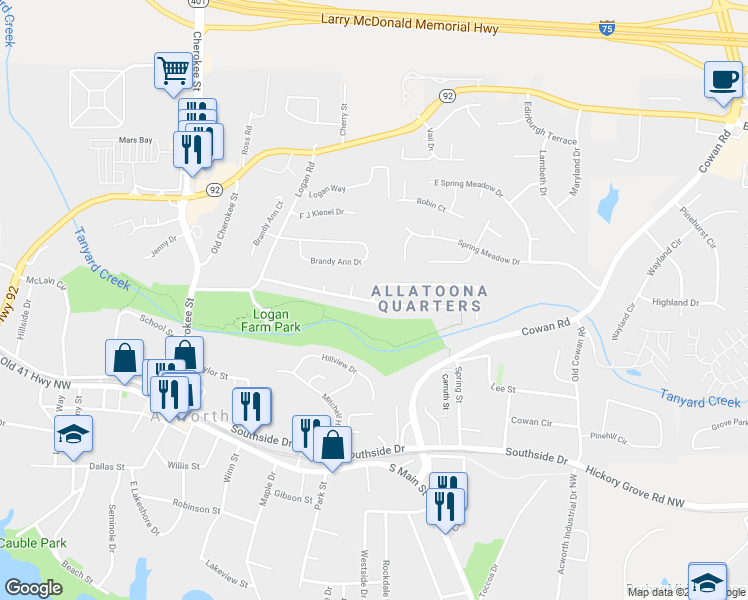 map of restaurants, bars, coffee shops, grocery stores, and more near 4099 Garden Circle in Acworth