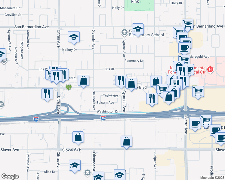 map of restaurants, bars, coffee shops, grocery stores, and more near 16462 Taylor Avenue in Fontana