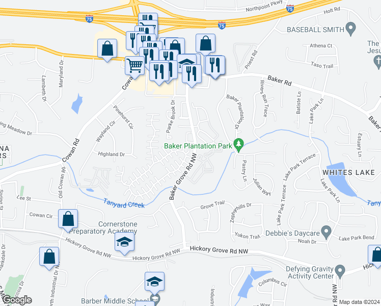 map of restaurants, bars, coffee shops, grocery stores, and more near 972 Windcroft Circle Northwest in Acworth