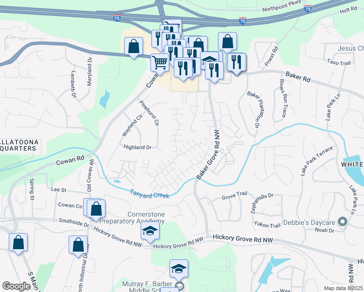 map of restaurants, bars, coffee shops, grocery stores, and more near 786 Windcroft Circle Northwest in Acworth