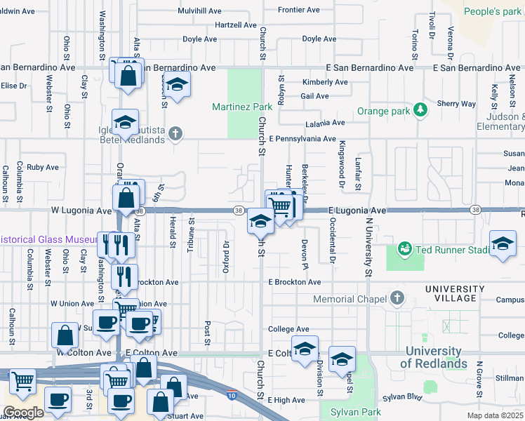 map of restaurants, bars, coffee shops, grocery stores, and more near E Lugonia Ave & Church St in Redlands