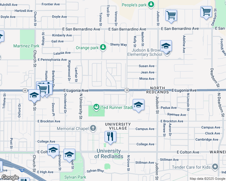 map of restaurants, bars, coffee shops, grocery stores, and more near East Lugonia Avenue in Redlands