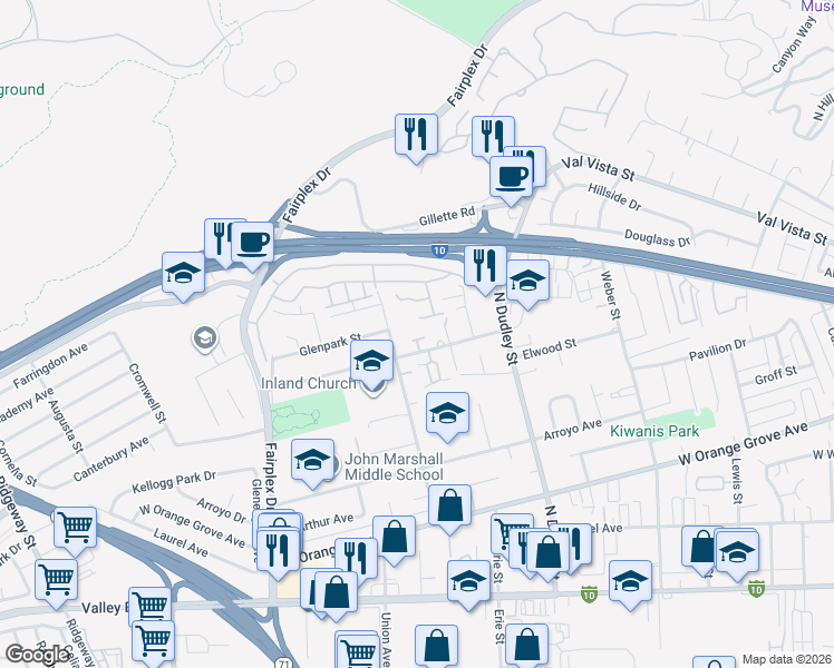 map of restaurants, bars, coffee shops, grocery stores, and more near 1325 Memphis Court in Pomona