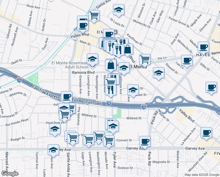 map of restaurants, bars, coffee shops, grocery stores, and more near 3331 Tyler Avenue in El Monte