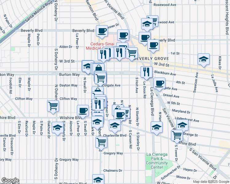 map of restaurants, bars, coffee shops, grocery stores, and more near 418 South Hamel Road in Los Angeles