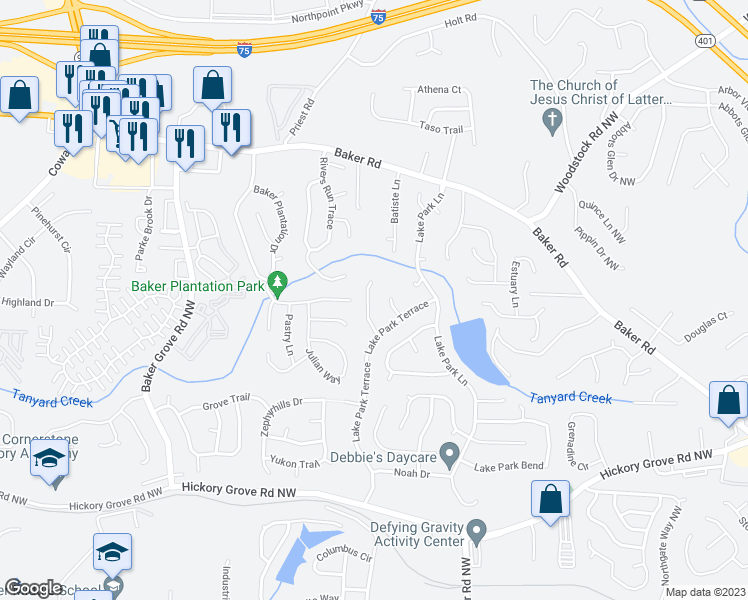 map of restaurants, bars, coffee shops, grocery stores, and more near 4878 Noah Ridge in Acworth