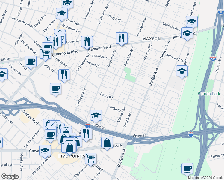 map of restaurants, bars, coffee shops, grocery stores, and more near 3627 Penn Mar Avenue in El Monte