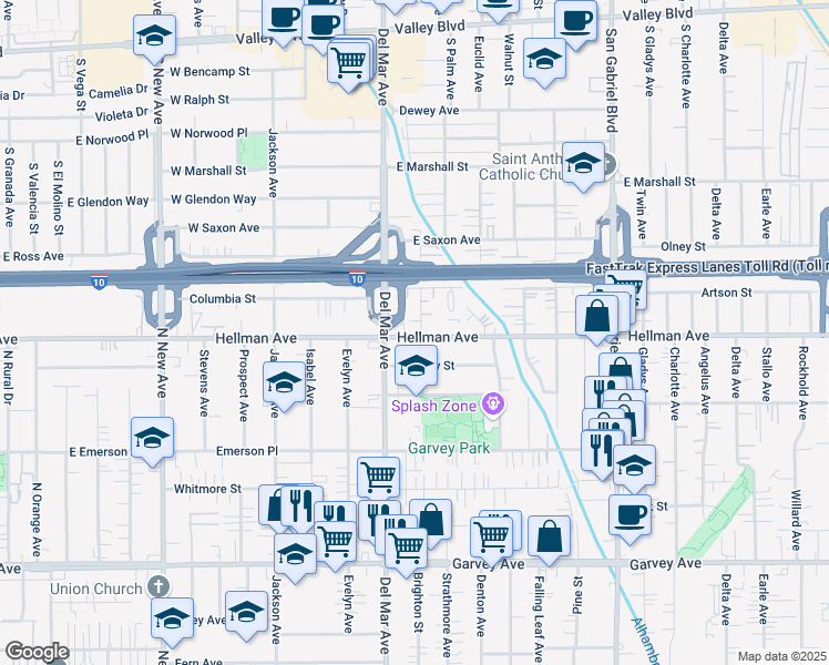 map of restaurants, bars, coffee shops, grocery stores, and more near 3356 Brighton Street in Rosemead