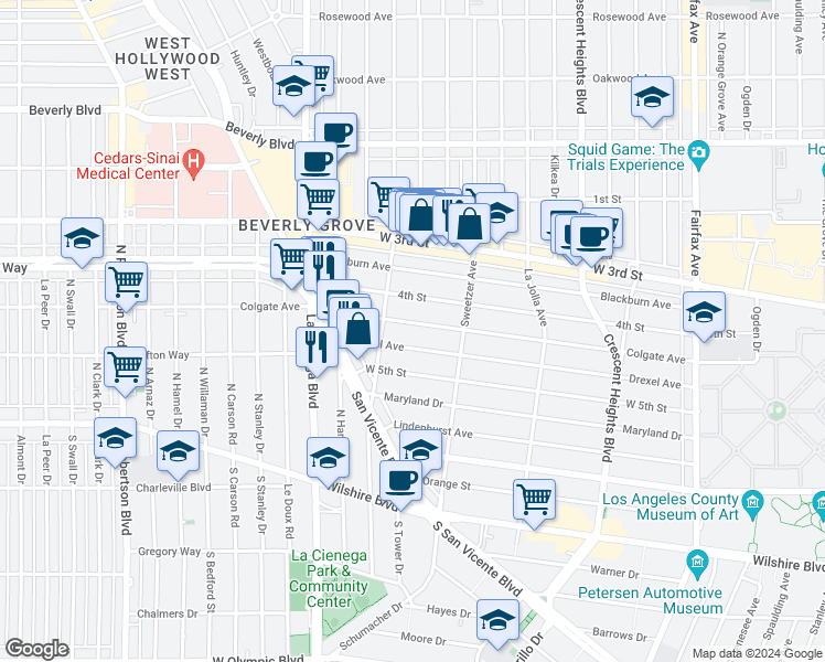 map of restaurants, bars, coffee shops, grocery stores, and more near 6656 Colgate Avenue in Los Angeles