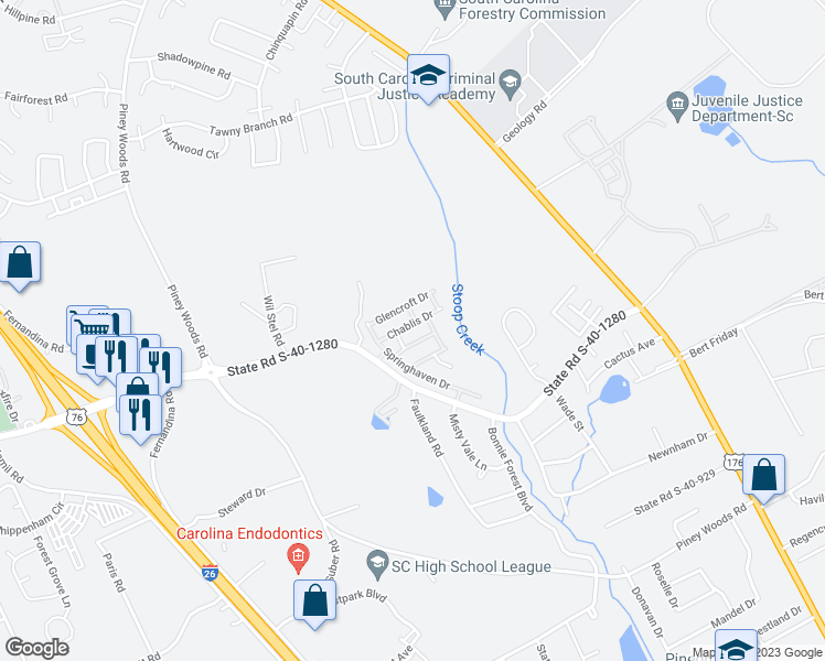 map of restaurants, bars, coffee shops, grocery stores, and more near 816 Chablis Drive in Columbia