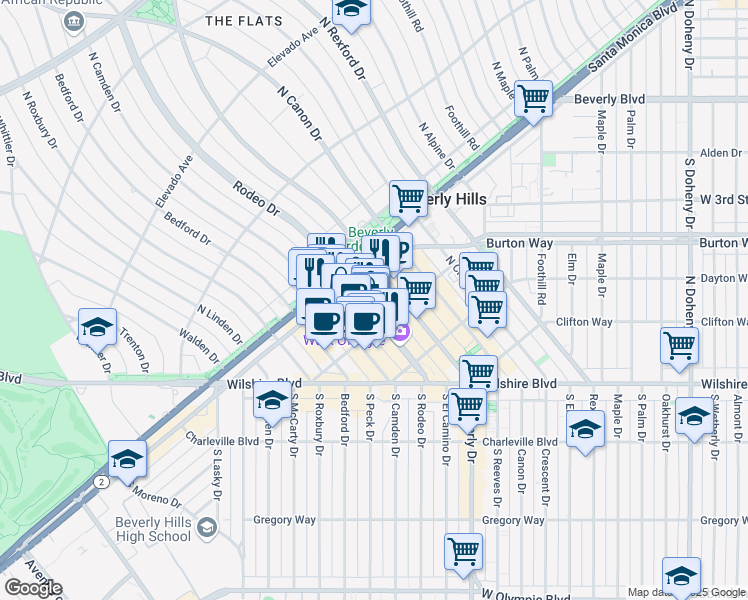 map of restaurants, bars, coffee shops, grocery stores, and more near 434 North Rodeo Drive in Beverly Hills
