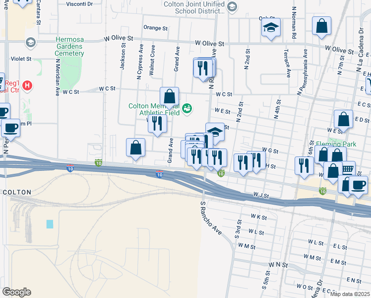 map of restaurants, bars, coffee shops, grocery stores, and more near 868 West H Street in Colton