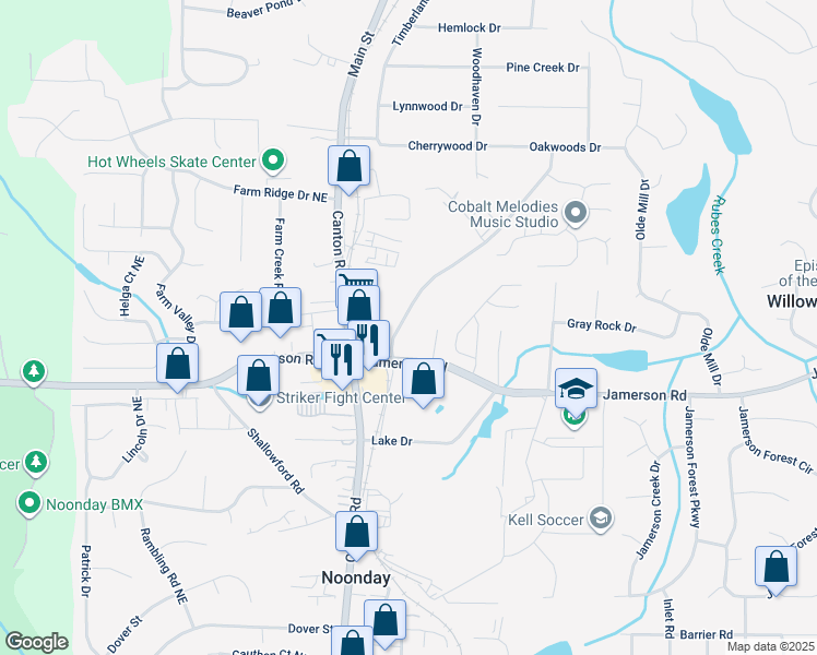 map of restaurants, bars, coffee shops, grocery stores, and more near 4910 Deen Road in Marietta